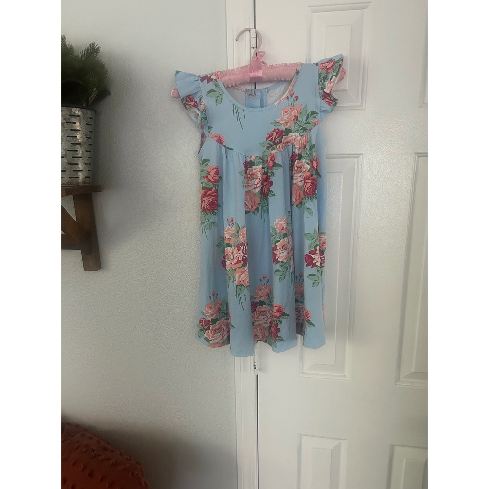 Southern Style Girls Blue Floral Rose Flutter Sleeve Empire Waist Dress Size 8